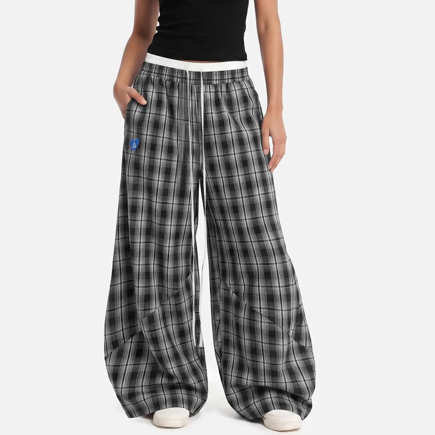 Aelfric Eden Unisex Baggy Plaid Barrel Double Waist Cotton Sweatpants - Drawstring Elastic Waist Breathable Vintage Clothes, Men's Bottoms Joggers