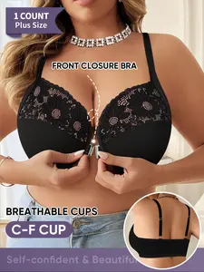 Plus Size C-f Cup Backless Strappy Bra, Breathable Lace Design, Medium Support, Casual Style, All Seasons, Regular Length, Unlined Underwear