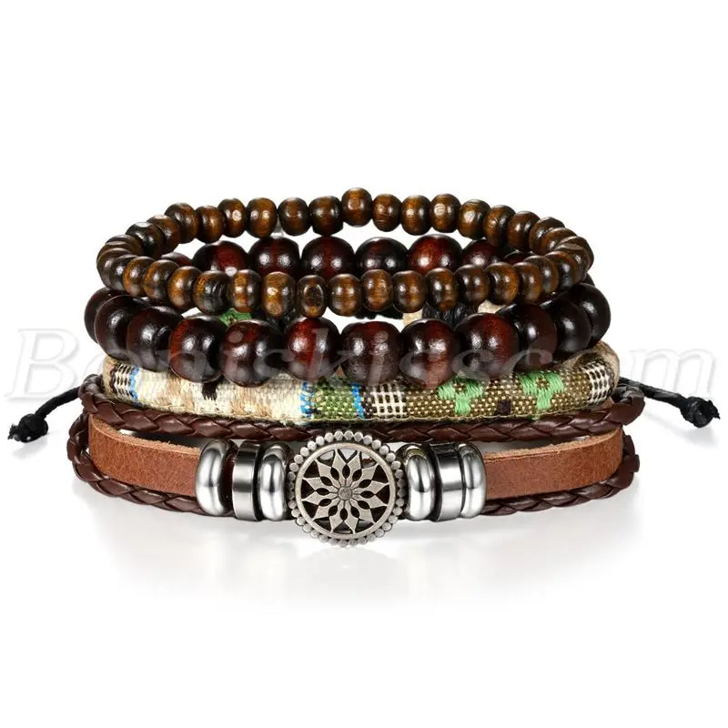 4pcs Men's Womens Fashion Retro Leather Sunflower Buddha Beads Bracelet Cuff Set