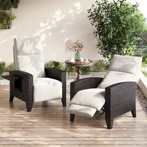 Summervibes Flash Sale Home Items: 150° Lay-Flat Wicker Patio Recliner, adjustable backrest & footrest, removable grey cushion, flip side table and powder-coated steel frame, perfect for garden and patio