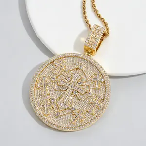 Iced Out Round Cross Pendant Necklace, Hip HopBling Jewelry, Golden Rope Chain with SparklingWhite Zircon, Men's Streetwear Accessory, BigStatement Charm Gift