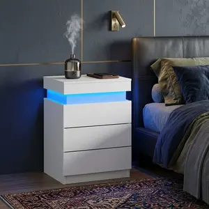 Modern 3-Drawer Nightstand with LED Lights and Charging Station Sliding Top Hidden Storage Bedside End Table Space Saving Accent Furniture for Bedroom Living Room Home Decor