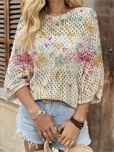 Spring & summer Bohemian knit top, round neck, hollow-out batwing sleeves, loose fit. Contrast floral print, lightweight. Suitable for daily, commute, vacation and beach bikini cover-up, casual and elegant.