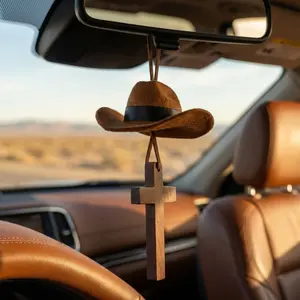 Western Cowboy Hat Cross Car Hanging Ornament, Fashionable Car Interior Decoration, Stylish Car Accessories, Boujee Car Accessories, Automotive Decor