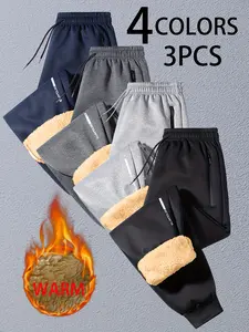 Men's Casual Fleece-Lined Sports Pants Set of 3 with Adjustable Drawstring Waistband and Zippered Pockets Comfortable Thick Warm Winter Joggers, Cozy Casual Long Pants, Outdoor Activities, Suitable as Gift, Fleece Printed Letter Zipper Athleisure Style