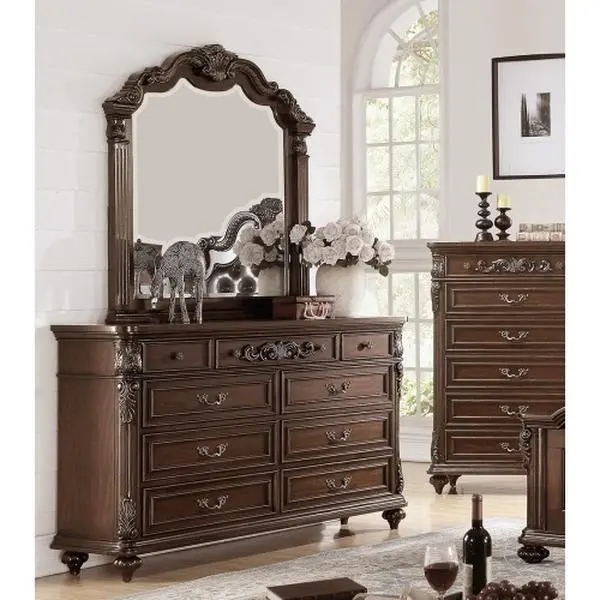 Bellemave  Traditional Formal Antique Cherry / Antique Walnut Unique Design Dresser w Mirror Drawers Storage Bedroom Furniture