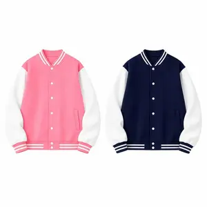 Kids Color Block Varsity Jacket, Raglan Long Sleeve Baseball Coat with Striped Rib Cuffs, Button Down Casual Outerwear for Boys Girls, Navy & Pink Two Color Options