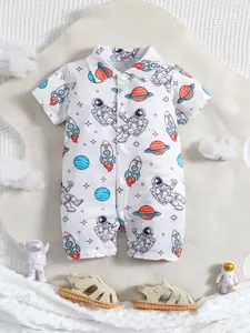 2026 Cartoon Print Space Man Onesie, Spring Summer Turn-Down Collar Baby Romper, Cute Newborn Full Print, Crawling Suit