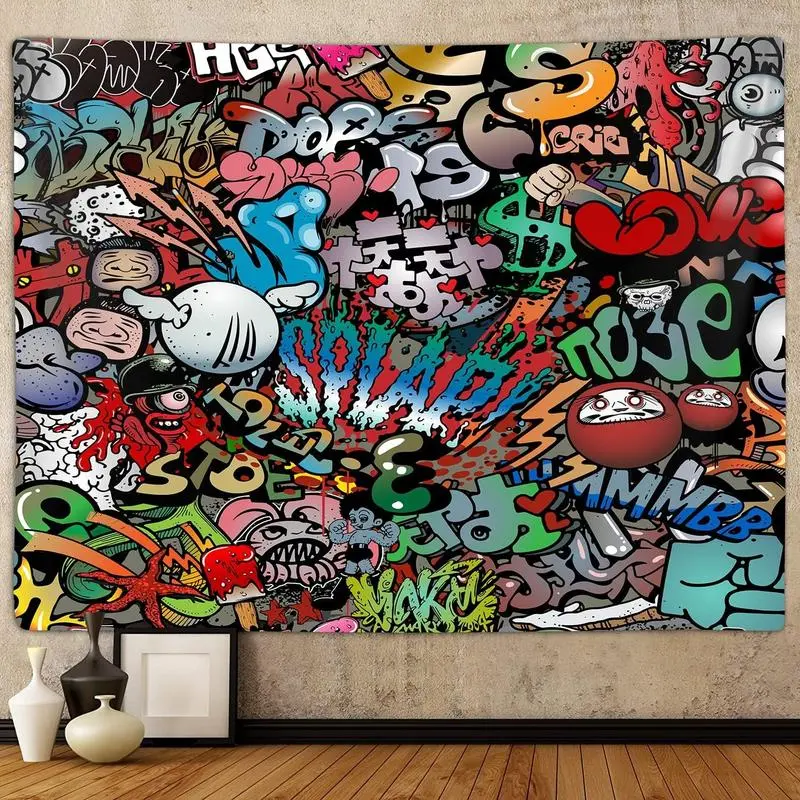 Hippie Graffiti Graphic Tapestry - Bright, Long-Lasting Beach & Outdoors Wall Hanging, Hip Hop Rap Art Small Home Decor, Hand Washable Colorfast Print for Teen Boys' Dorm Bedroom