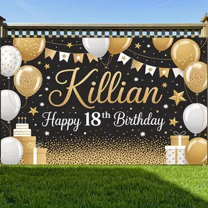 1PC,2D Flat Custom Black Gold Balloon Star Birthday Backdrop, Personalized Name & Age Adult Party Decor Banner, Photo Booth Background for Birthday Party Decoration, Suitable for Photography & Eve