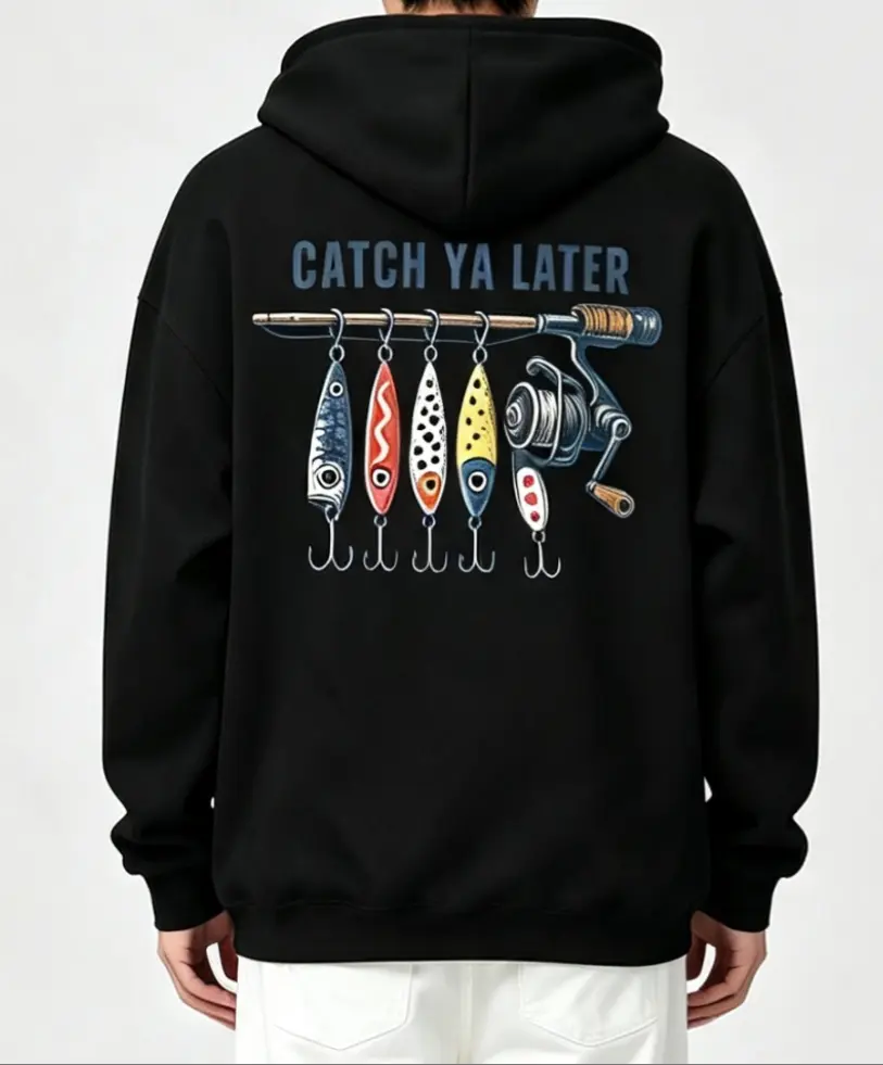Catch Ya Later Fishing Lure Front Back Print Hoodie, Vintage Angler Outdoor Fisherman Pullover Hooded Sweatshirt Casual Black