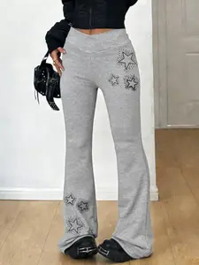 Women's Trendy E-Girl Star Flare Pants, High Waist Elastic Wide Leg Long Pants, Aesthetic Street Style, Perfect for Party & Back to School