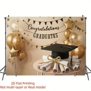 2D Flat Banner Graduation Party Banner, Black and Golden Cap Balloon Design with Stars and Confetti, High-Quality Printed Backdrop for Home Wall & Room Decoration
