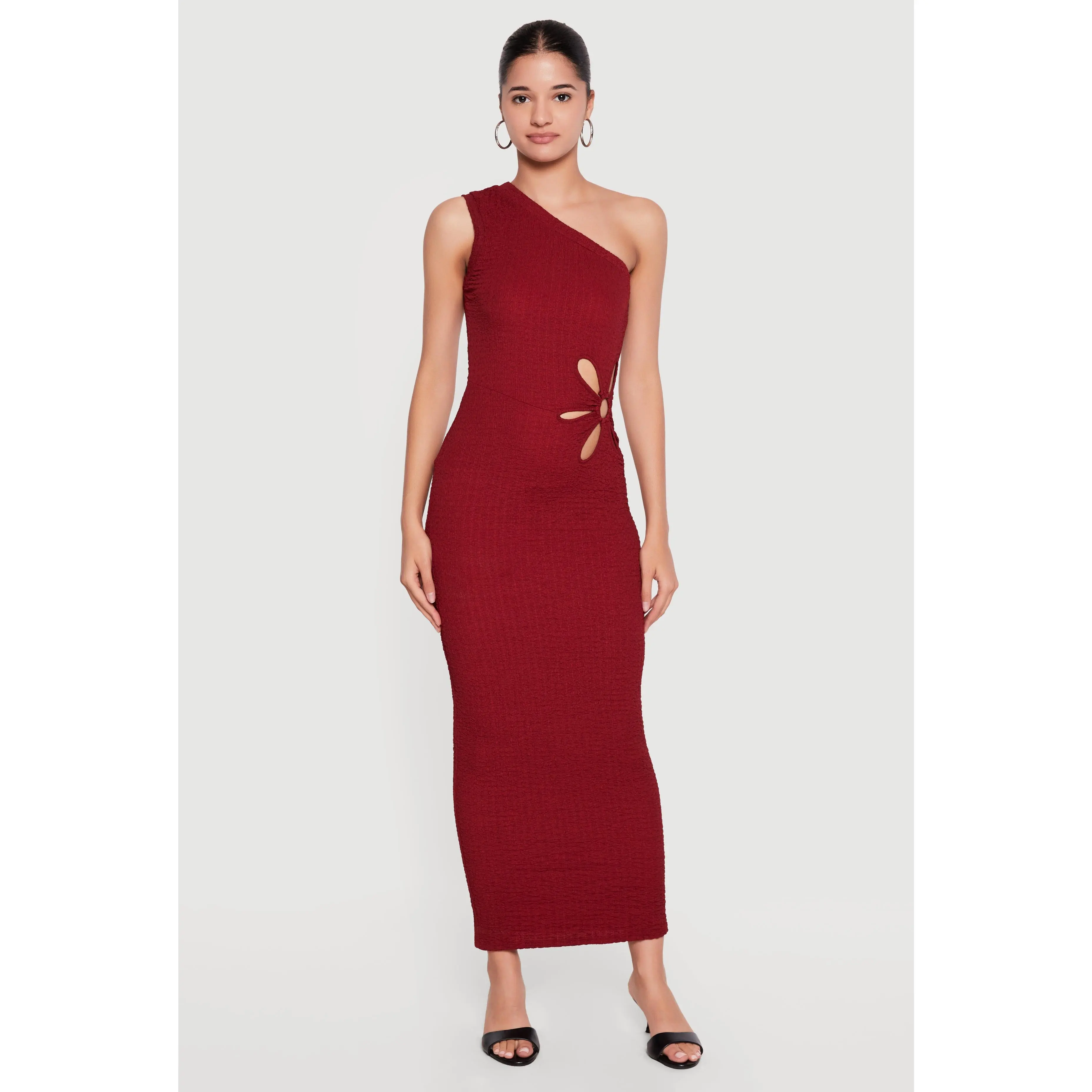 Textured Knit Flower Cutout One Shoulder Dress
