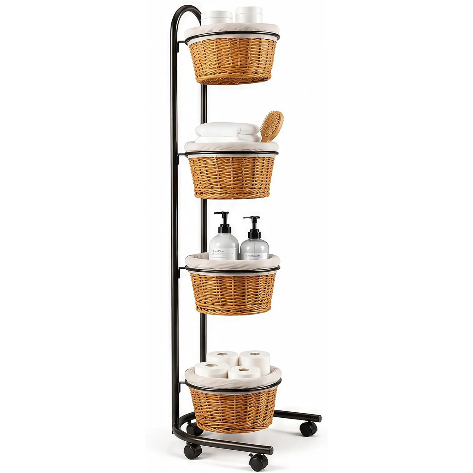 4 Tier Wicker Basket Display Stand for Retail with Wheels and Sign Clips | Metal Market Display Rack Basket Stand, Farmers Market Display with Baskets