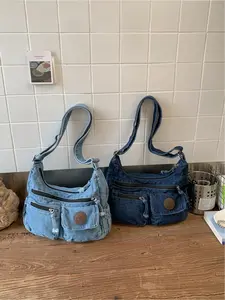 Large capacity casual versatile crossbody bag with multiple pockets, denim shoulder bag, vintage style, fashion trend, mailman bag, stylish, comfortable, soft fabric handbag, work, shopping, commuting bag, Crossbody Purse