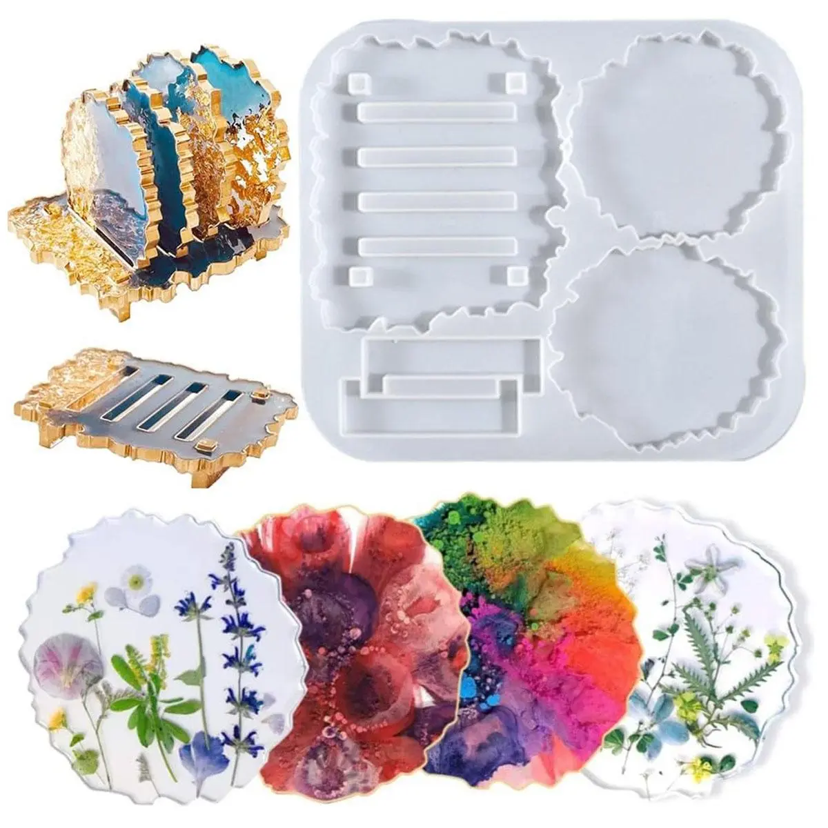 Silicone Coaster Mold, DIY Crystal Resin Mold for Making Coaster and Cup Mat & Stand, Creative Coasters Storage Rack Mold for Kitchen, Home Table Decoration, Resin Art, Resin Coaster Molds