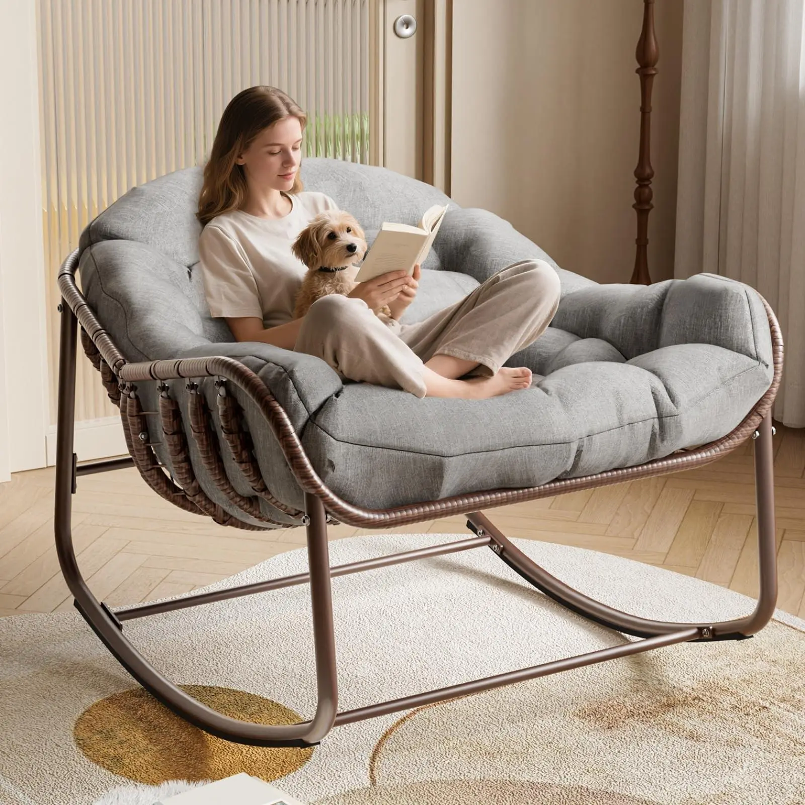 Gaomon Oversized Wicker Egg Chair - Outdoor Rocking Chair with Cushion, Metal Frame, for Backyard, Balcony Porch Decor, Outdoor Rocking Chairs, Egg Chairs