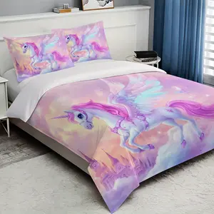 Rainbow Unicorn Print Decorative Bedding Set, 3 Piece (1 Fitted Sheet + 2 Pillowcases), Soft Comfortable, Bedroom Dorm Room Decor