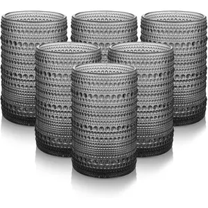 Hobnail Drinking Glasses Set of 6,15 oz Vintage Glassware Set Cocktail Glass Set, Embossed Grey Water Tumbler,for Beer, Whiskey,Juice and Various Mixed Drinks (15OZ Grey)