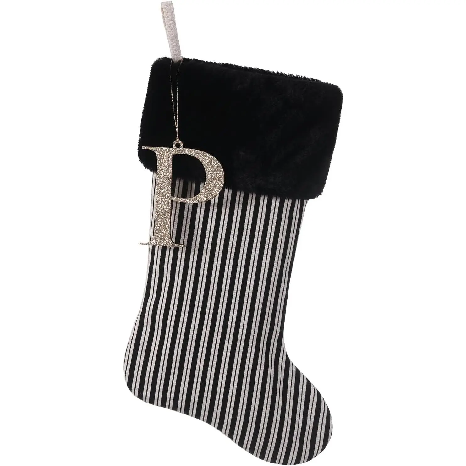 20 Inch Black Vertical Stripe Personalized Gold Wooden Initial Monogram Christmas Stocking for Christmas & Halloween Holiday Party Decor