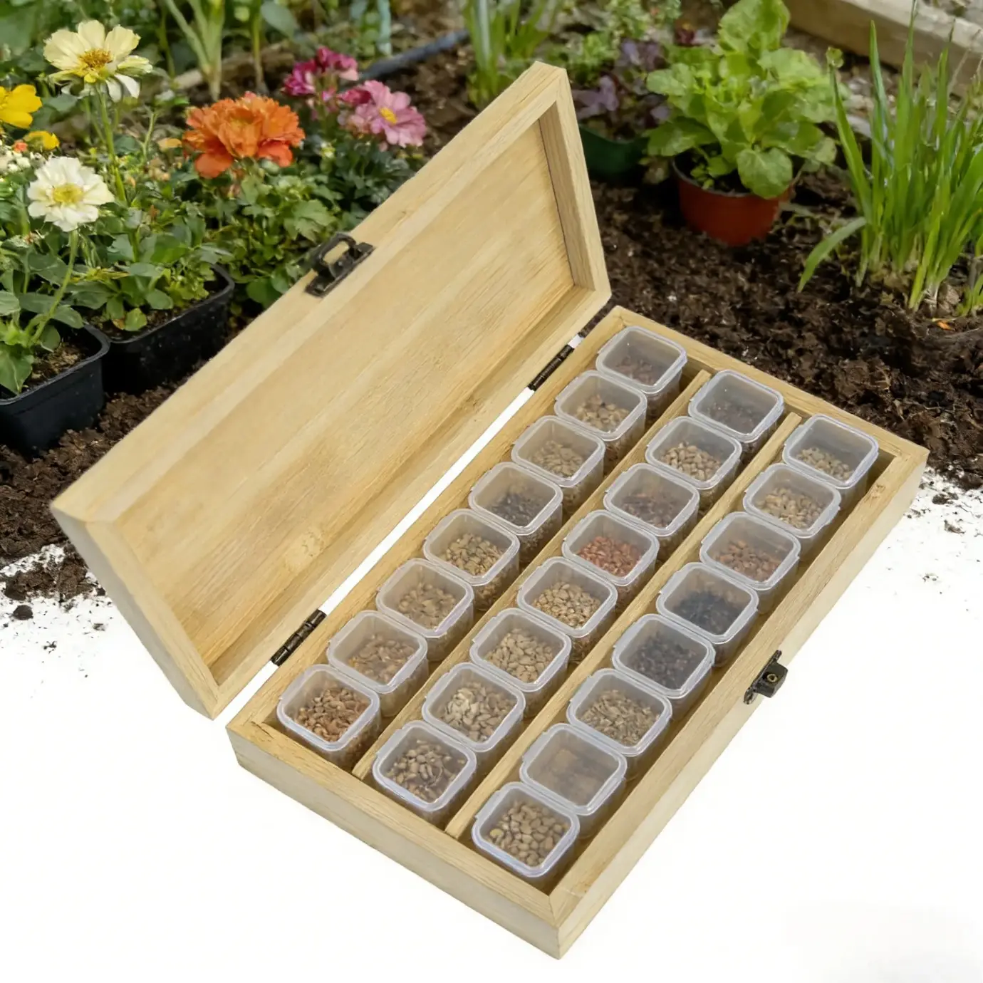 Garden Planting Seed Storage Organizer, 2026 Wooden Box with 24 Clear Plastic Compartments, Garden Accessories for Easy Visual Sorting & Secure Protection