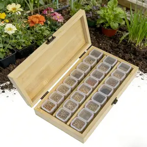2026 Wooden Box with 24 Clear Plastic Compartments for Garden Planting Seed Storage Organizer Ensuring Easy Visual Sorting and Secure Protection