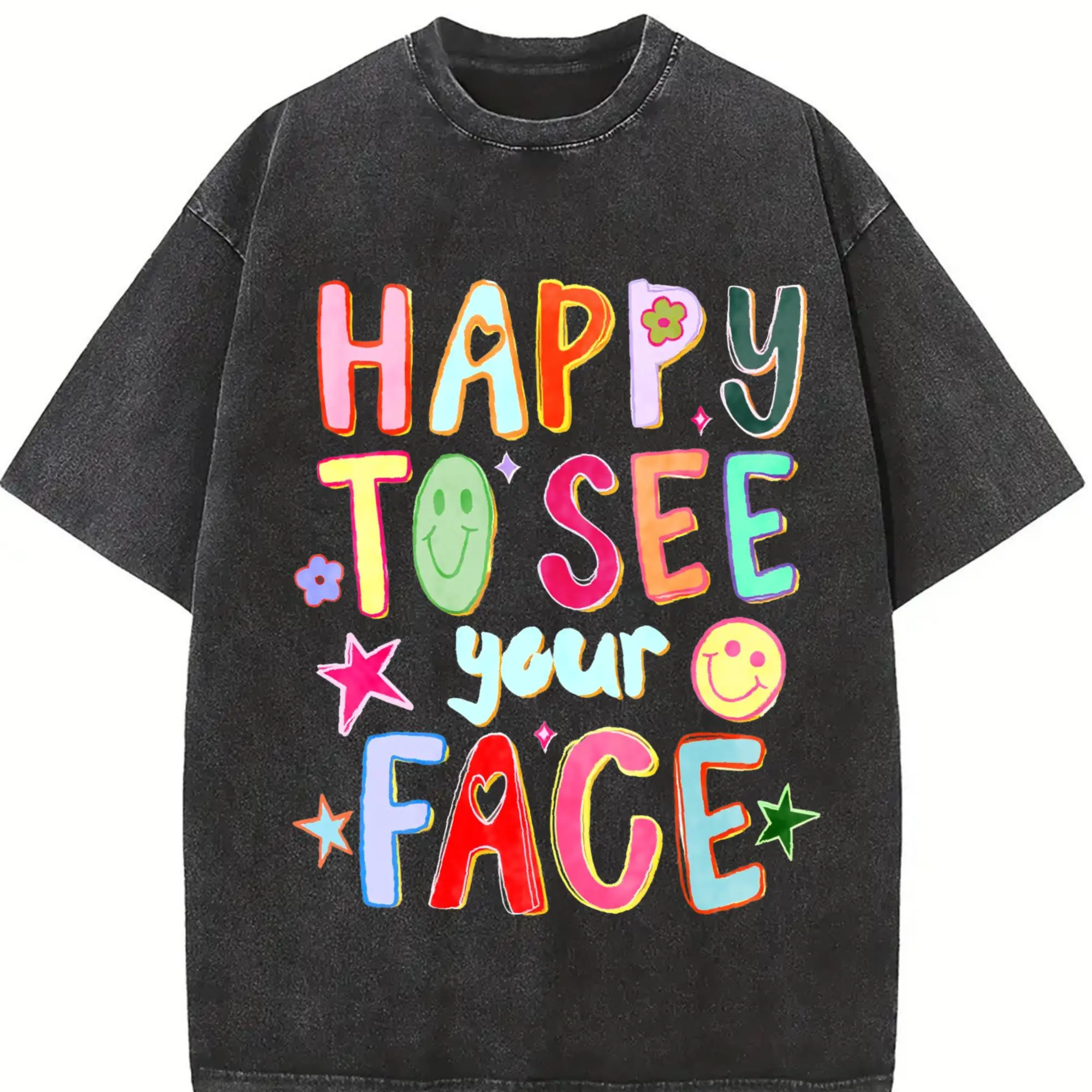 Men's Happy To See Your Face Teacher Tshirt - Menswear, Short-Sleeve, Loose Fit Shirts, Hand-Drawn Colorful Doodle Stars, Messy Glitter, Casual Streetwear, Teacher Appreciation Gift Tee