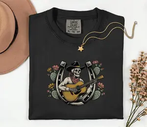 Western Skeleton Shirt Comfort Colors 1717  Funny Cowboy Skull Tee  Acoustic Guitar Music Gift  Desert Country Top  Gothic Rodeo Shirt