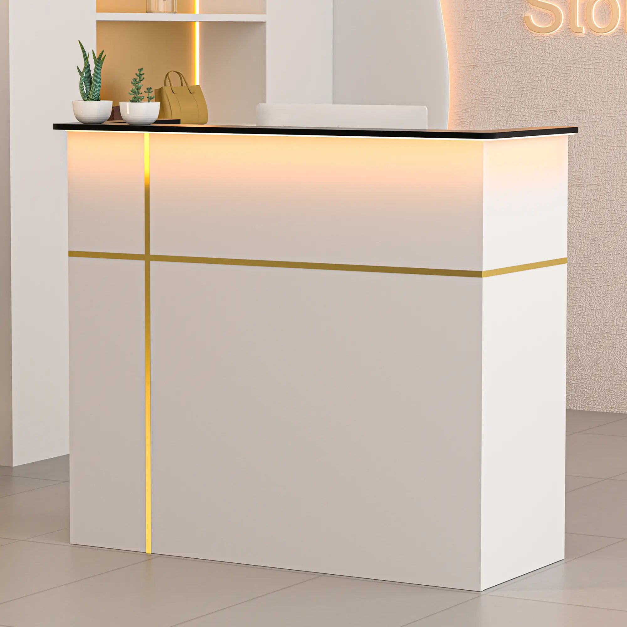 AHB 50-In Modern Commercial Office Reception Desk with Counter, Lockers, Storage Shelves, LED Lights, DIY Stripe for Lobbies, Retail Stores, Furniture