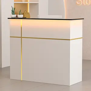 Reception Desk with Counter, Modern Front Table Equipped Lockers & Storage Shelves, 50-inch Checkout Counter with LED Lights & DIY Stripe for Lobbies, Salons, Retail, Home Offices, Reception Room