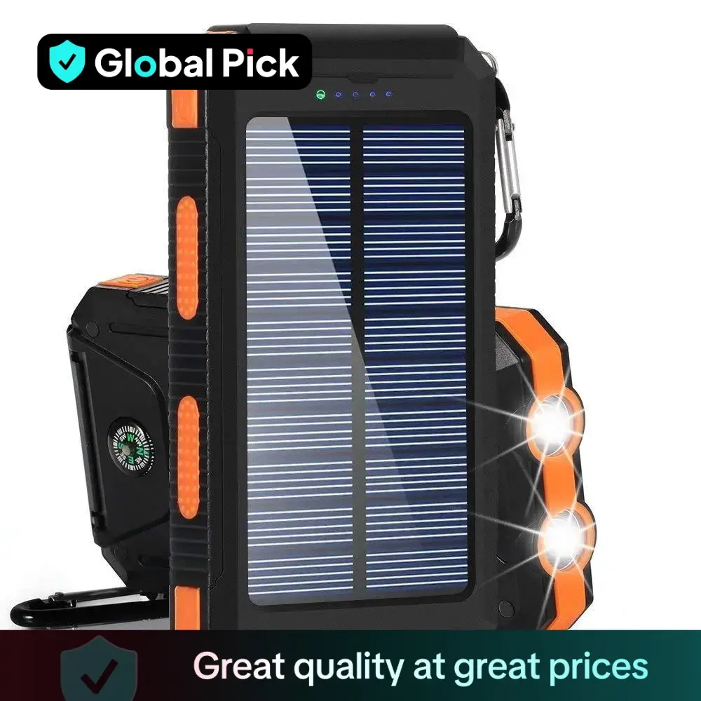10000mAh Portable Solar Power Bank, Solar Powered Charger with Dual LED Flashlights, Power Bank for Travel, Camping