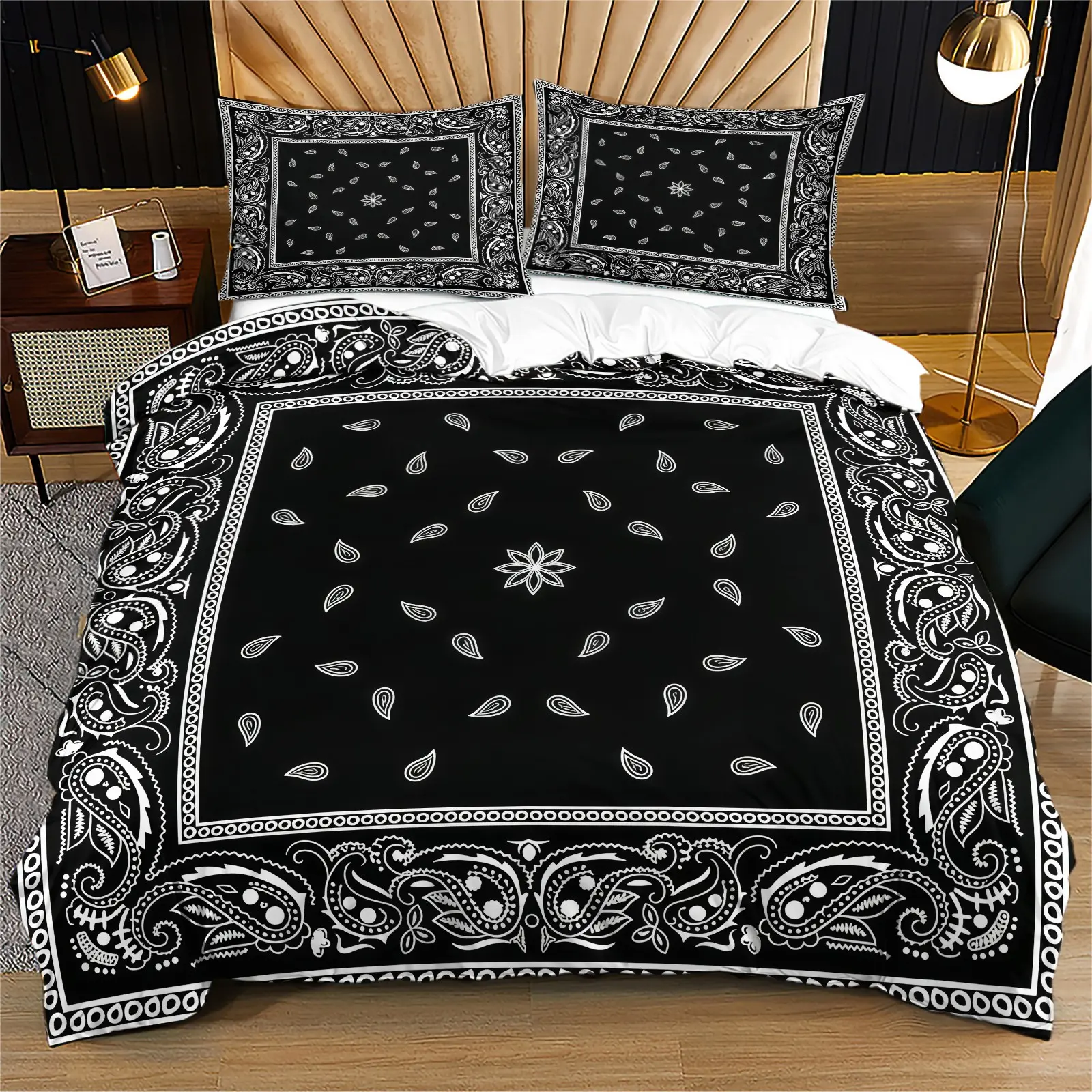 Bohemian Black And Silver Square Paisley Design Quilt Cover Set, Ethnic Style Mandala Pattern Bedding Set (1 Quilt Cover + 1/2 Pillowcase, No Filler), Suitable For Teenagers And Adults, Guest Room, Dormitory, Master Bedroom Scene