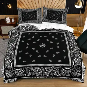 Bohemian Black And Silver Square Paisley Quilt Cover Set, Ethnic Style Mandala Pattern Bedding Set (1 Quilt Cover + 1/2 Pillowcase, No Filler), Suitable For Teenagers And Adults, Guest Room, Dormitory, Master Bedroom Scene