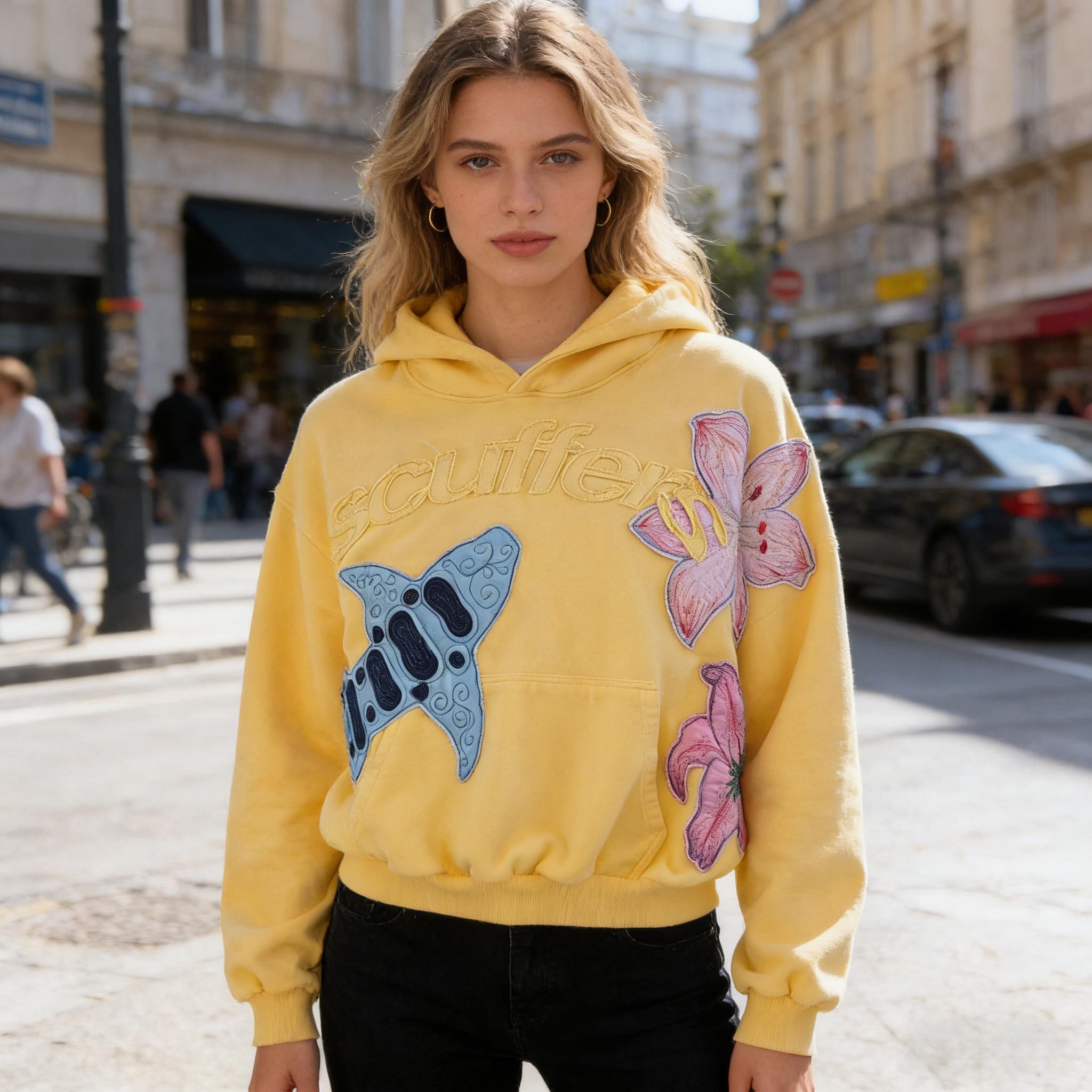 Vintage Yellow Oversized Hoodie, Handmade Embroidered Patchwork Sweatshirt, Y2K Aesthetic Streetwear, Retro Floral & Stingray Design, Casual Comfy Pullover for Women, 2000s Grunge Fashion Top