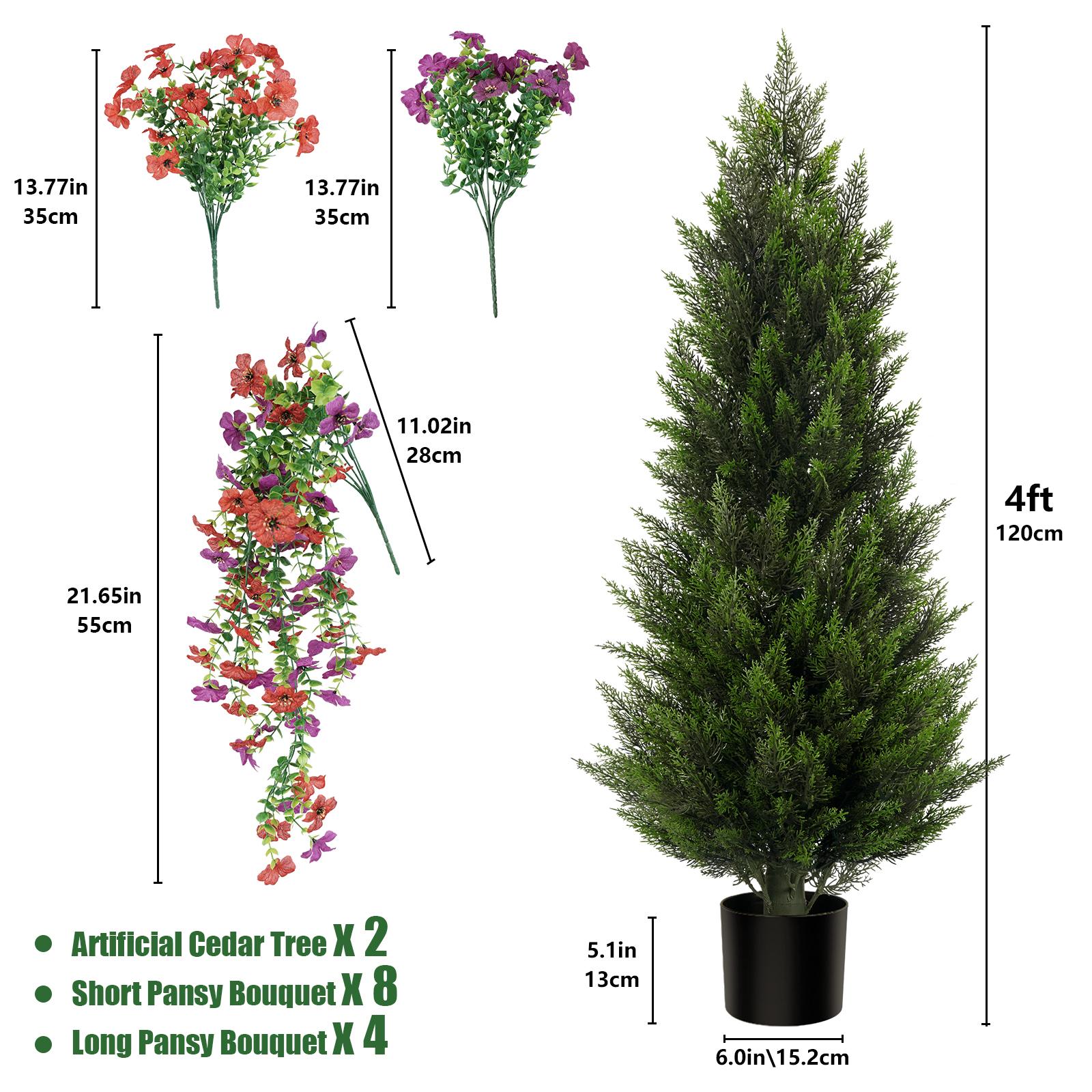 Set of 2 Artificial Cedar Topiary Trees (5/4/3 ft) — Includes Faux Flowers | Realistic Potted Plants for Indoor, Outdoor, and Porch Decor