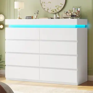 HAUOMS 8 Drawer Dresser with LED Light, White Modern Chest of Drawers for Bedroom,Closet Dressers with Drawers for Living Room, Entryway, Hallway