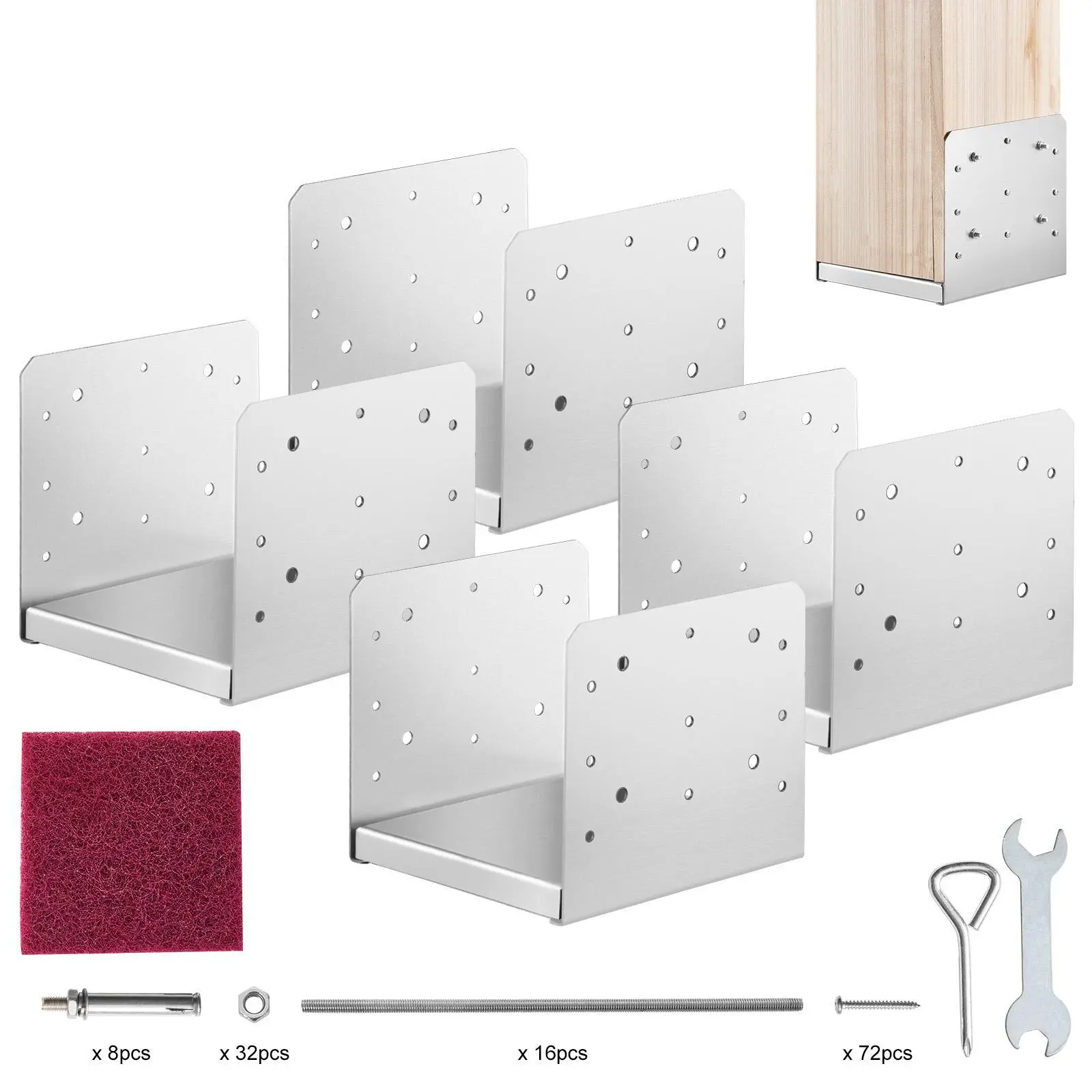 VEVOR 4Pcs 8x8 In Stainless Steel Adjustable Post Base Anchors, Sturdy Brackets with 7.3x7.8 In Internal Size, Anti-Rust Plate, Cross Wrench & Bolts for Pavilion Deck Support Posts