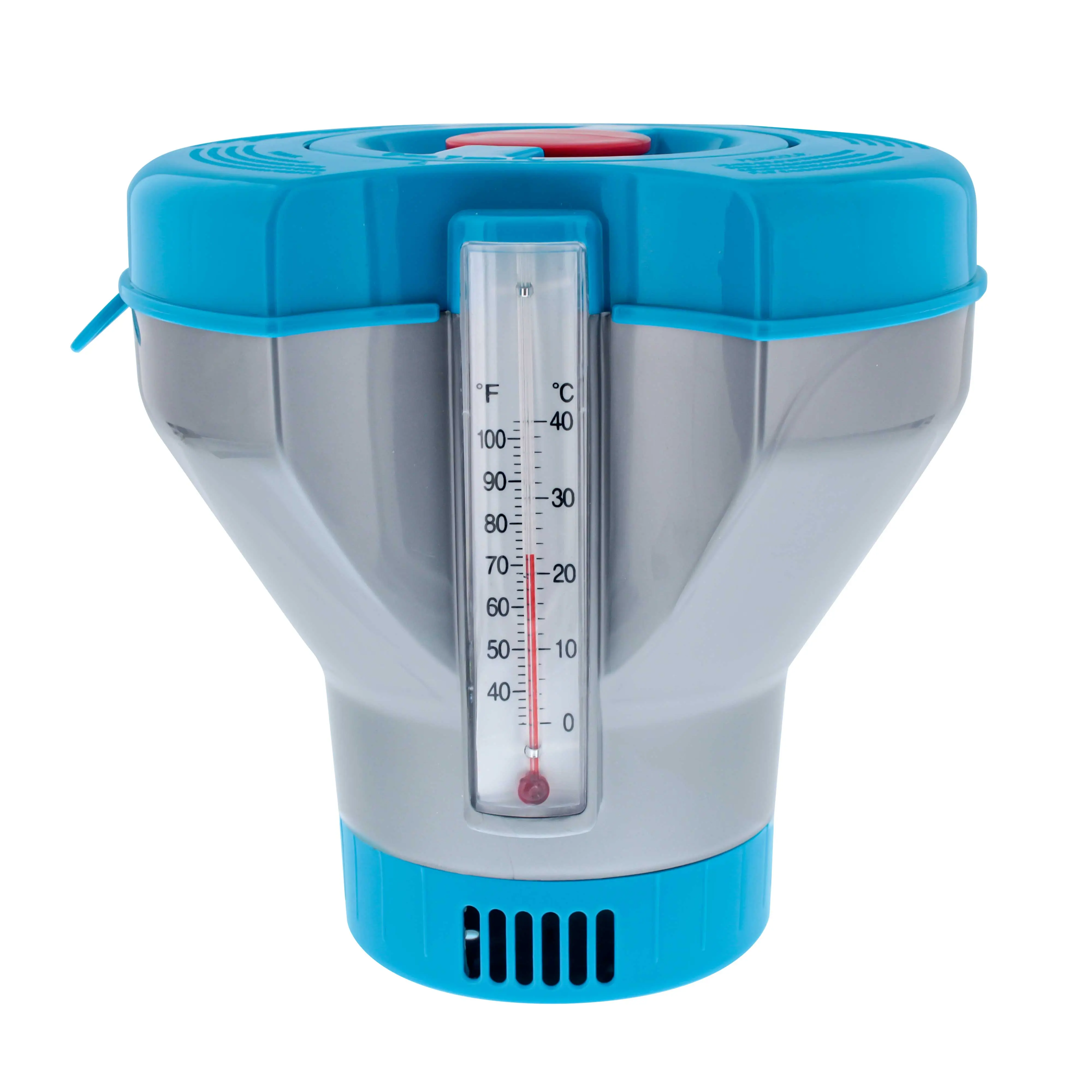 Deluxe Pool Chlorine Floater Dispenser with 100° F Thermometers on Each Side, Pop-Up Refill Indicator - Large Capacity Holds 3", 4" Tablets 8" Diameter Floating Chlorinator