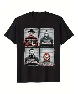 Men's Nightmare on Elm Freddy Krueger & Jason Voorhees Horror Icons Graphic T-Shirt - Black Casual Short Sleeve Round Neck Tee