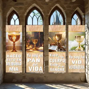 4 Pcs Religious Banners, Polyester Material Holy Eucharist Theme Vertical Banner with Classic Sacred Grail and Gospel Words for Church Worship Space and Home Prayer Corner Religious Wall Decor for Daily Faith Display and Christian Ceremony Adornment