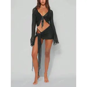 1pc Fashionable Sexy Women's Solid Color Front Tie Long Sleeve Cover Up, For Summer Beach Vacation