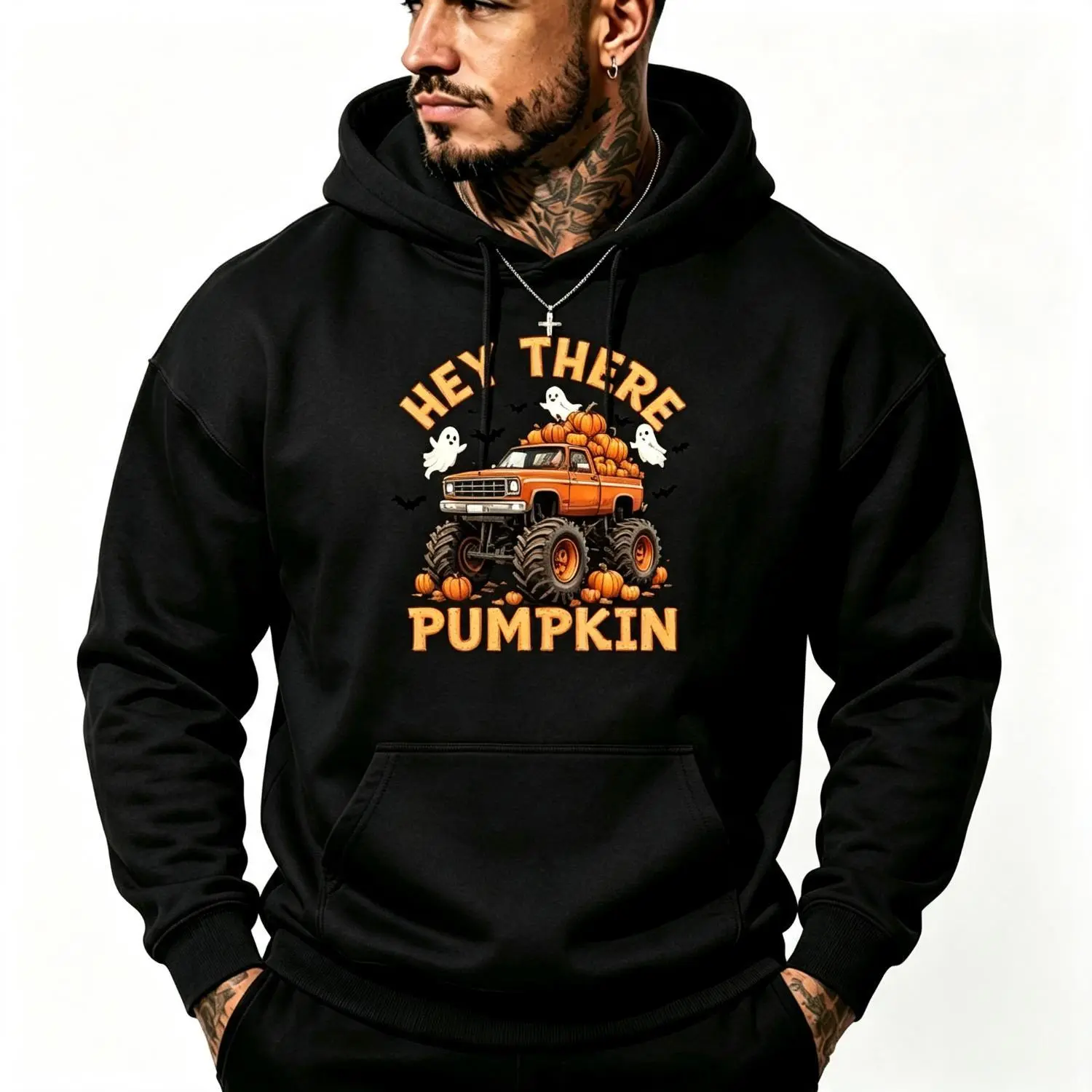 Spooky Pumpkin Monster Truck Halloween Ghosts Graphic Hoodie Sweatshirt Pullover Casual Cozy Fall Festival Costume Top