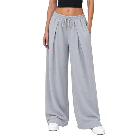 Fisoew Women's High Waist Knit Baggy Oversize Pants - Basic Casual All Seasons French Terry Pleated Wide Leg Trousers with Adjustable Drawstring Elastic Waist, Side Pockets, Machine Wash Comfy Loungewear Bottoms