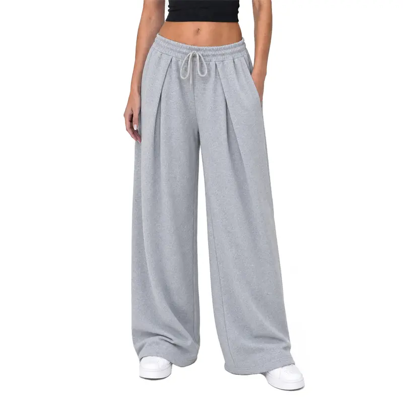 Fisoew Women's High Waist Knit Baggy Oversize Pants - Basic Casual All Seasons French Terry Pleated Wide Leg Trousers with Adjustable Drawstring Elastic Waist, Side Pockets, Machine Wash Comfy Loungewear Bottoms