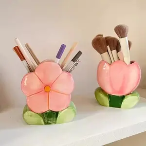 Floral Decorative Countertop Makeup Brush Holder & Pen Pencil Cup, Perfect for Office & Bedroom Use, No Electricity Required
