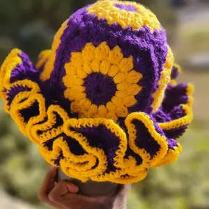 Sunflower Crochet Ruffle Hat in Royal Purple and Gold Colorful Handmade Design