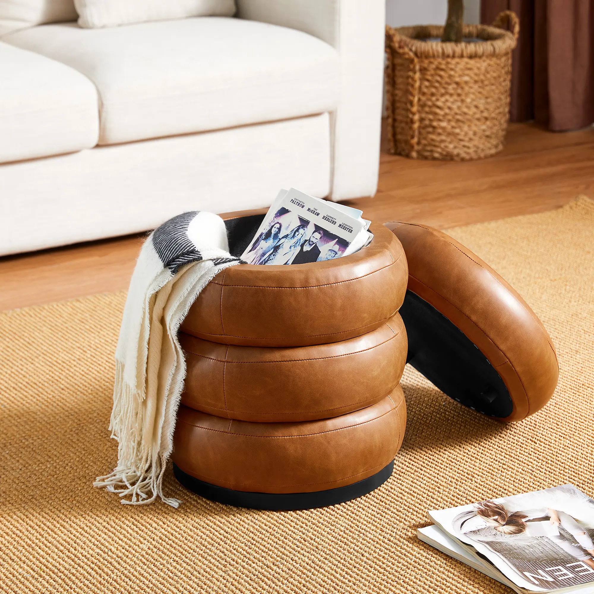 Glitzhome 19.5"H Leather Upholstered Storage Ottoman or Accent Stool