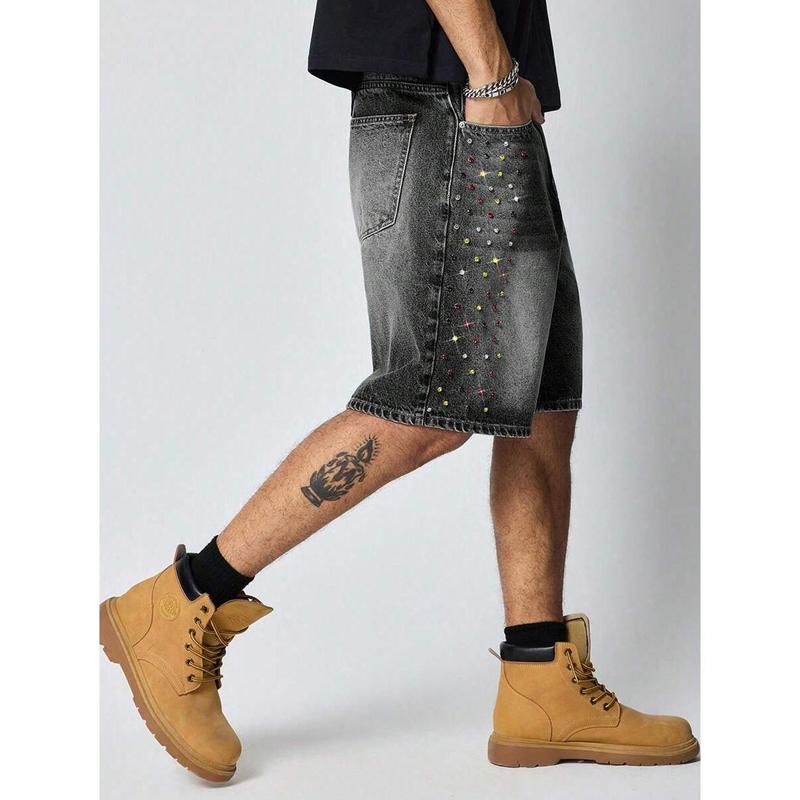 (Gold promotion)ROMWE MEN Street Life Men's Colorful Diamond Loose Denim Shorts Jorts