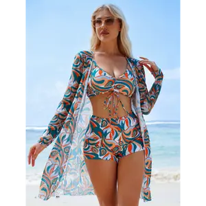Three-piece swimsuit with flat-leg bikini for women, new style with split top and bow, fashionable beach and swimming outfit